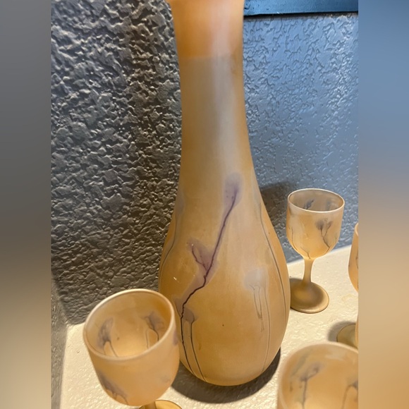 Vintage 7 Pc Rueven Nouveau Art Glass Frosted Wine Water Decanter & glasses - Picture 2 of 8